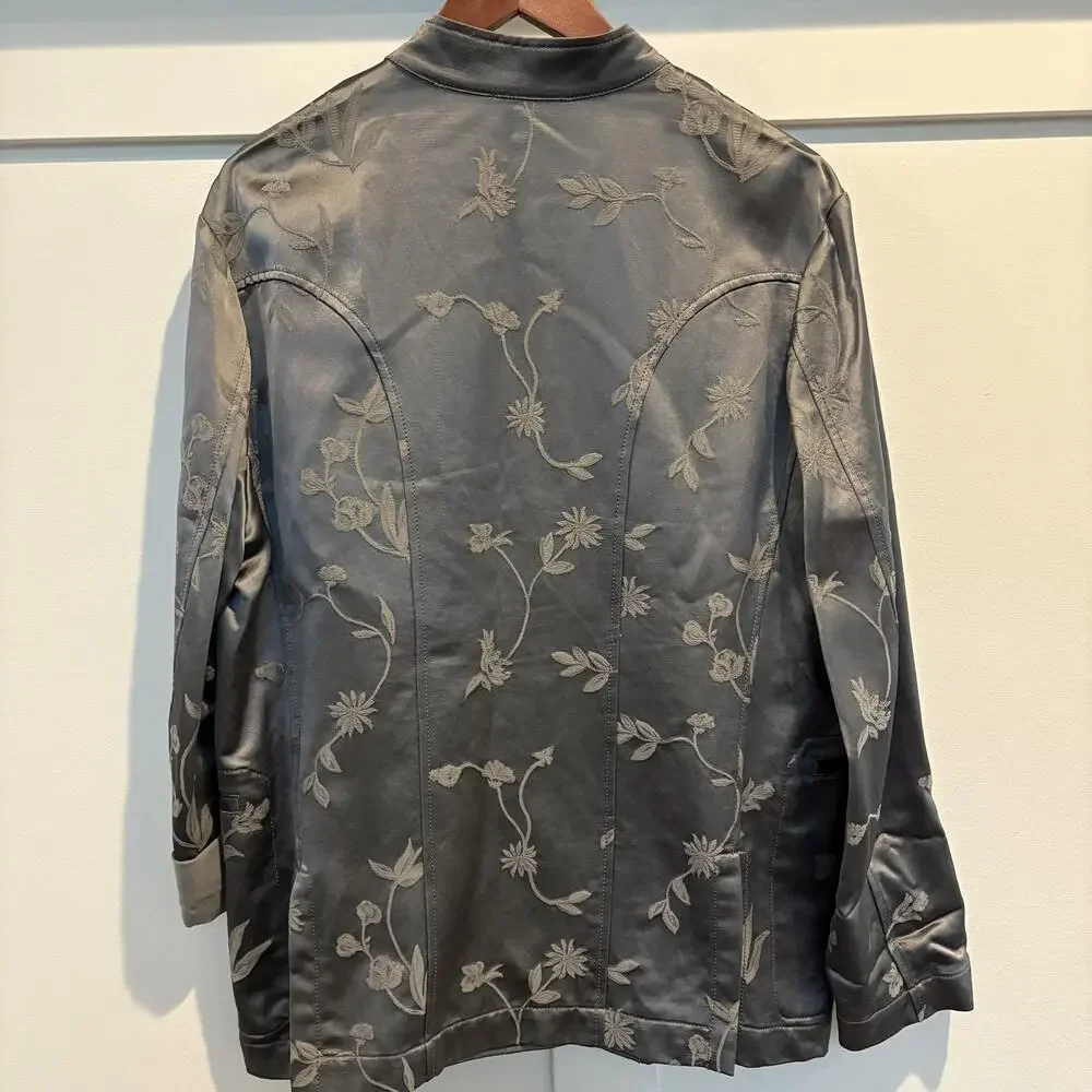 Hache Jacket Women 46 US 10 Gray Floral Jacquard Mandarin Collar Made in Italy - Picture 5 of 15